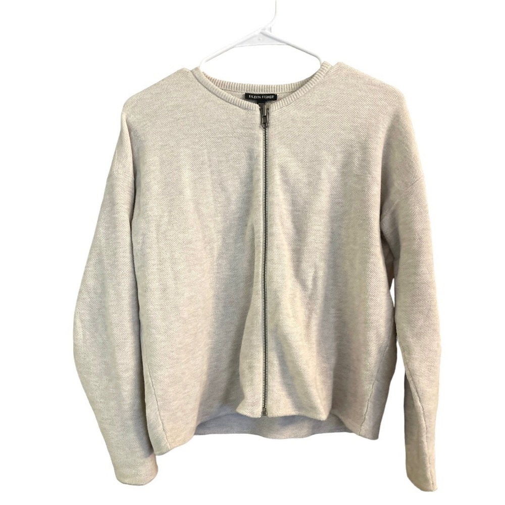 Eileen Fisher‎ 100% Organic Cotton Tan Crewneck Full Zip Cardigan Sweater XS